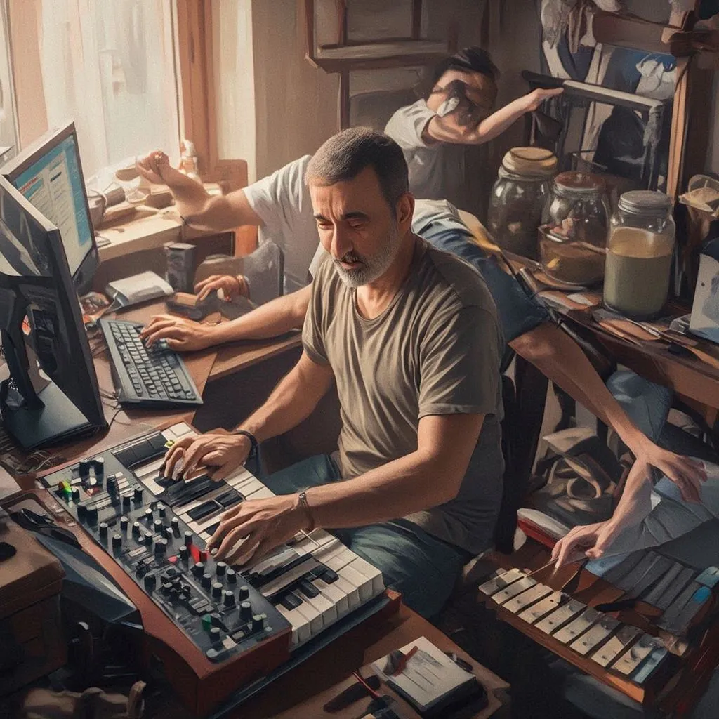 Persona con mútiples brazos usando simultáneamente computadoras, sintetizador y otros elementos